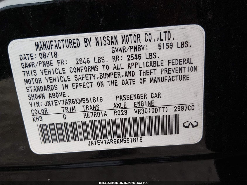 2019 Infiniti Q50 VIN JN1EV7AR6KM551819 IAAI salvage auction — NORMAL WEAR, Clear (Pennsylvania), sold $3,500 on 2026-07-24 (photo 9)