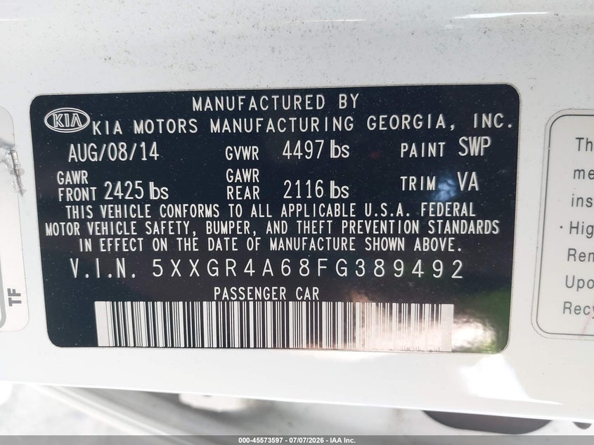 2015 Kia Optima VIN 5XXGR4A68FG389492 IAAI salvage auction — LEFT FRONT, Salvage Certificate (California), sold $1,500 on 2026-07-15 (photo 9)