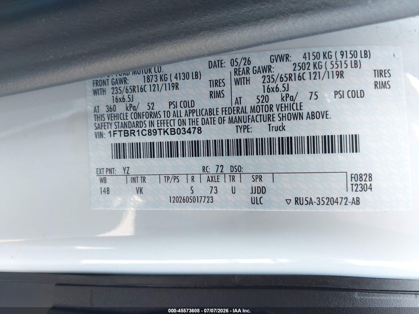 2026 Ford Transit VIN 1FTBR1C89TKB03478 IAAI salvage auction — REAR END, Salvage Title, sold $15,550 on 2026-07-29 (photo 9)