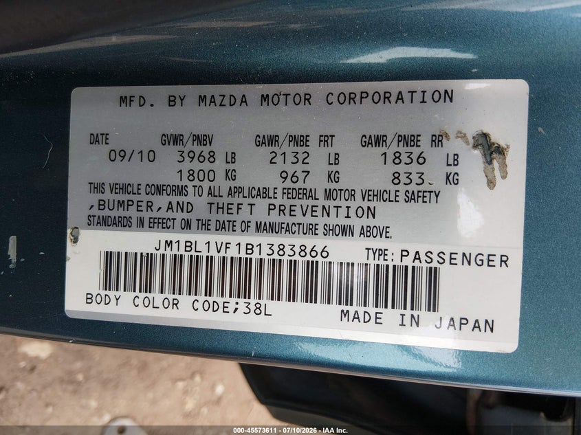 2011 Mazda 3 VIN JM1BL1VF1B1383866 IAAI salvage auction — NORMAL WEAR, Clear (Tennessee), sold $300 on 2026-07-15 (photo 9)