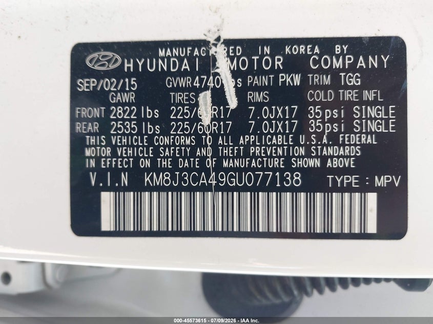 2016 Hyundai Tucson VIN KM8J3CA49GU077138 IAAI salvage auction — SIDE, Clear (Massachusetts), sold $1,850 on 2026-07-31 (photo 9)