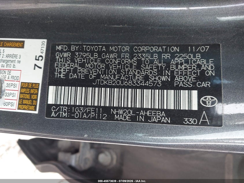 2008 Toyota Prius VIN JTDKB20U683344573 IAAI salvage auction — NORMAL WEAR, Regular (Nevada), sold $475 on 2026-07-28 (photo 9)