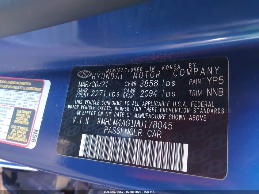2021 Hyundai Elantra VIN KMHLM4AG1MU178045 IAAI salvage auction — FRONT END, Salvage (Arizona), sold $1,150 on 2026-07-28 (photo 9)