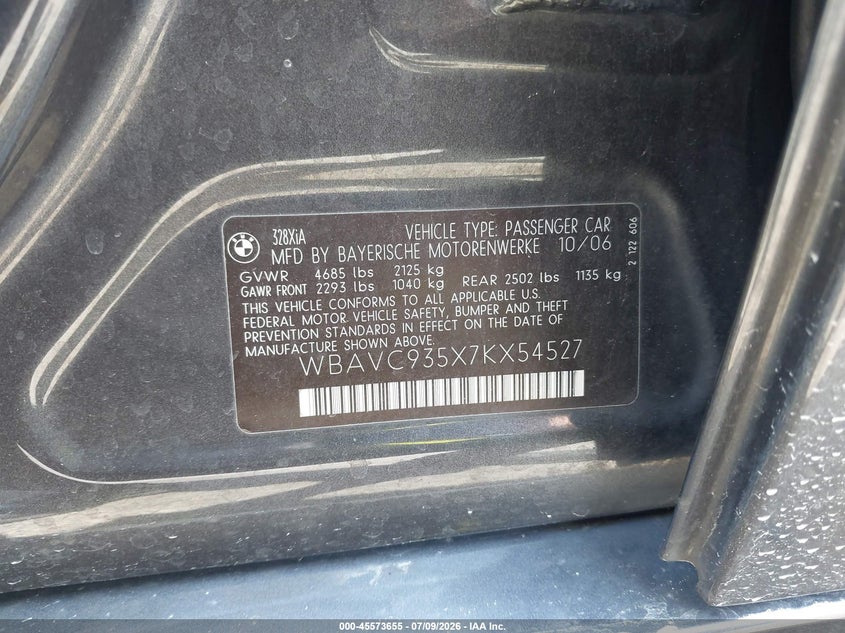 2007 BMW 3 series VIN WBAVC935X7KX54527 IAAI salvage auction — REAR END, Parts Only Bos (Minnesota), sold $450 on 2026-07-20 (photo 9)