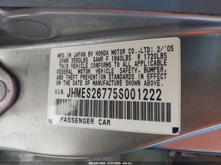 2005 Honda Civic VIN JHMES26775S001222 IAAI salvage auction — NORMAL WEAR, Salvage (California), sold $875 on 2026-07-30 (photo 9)