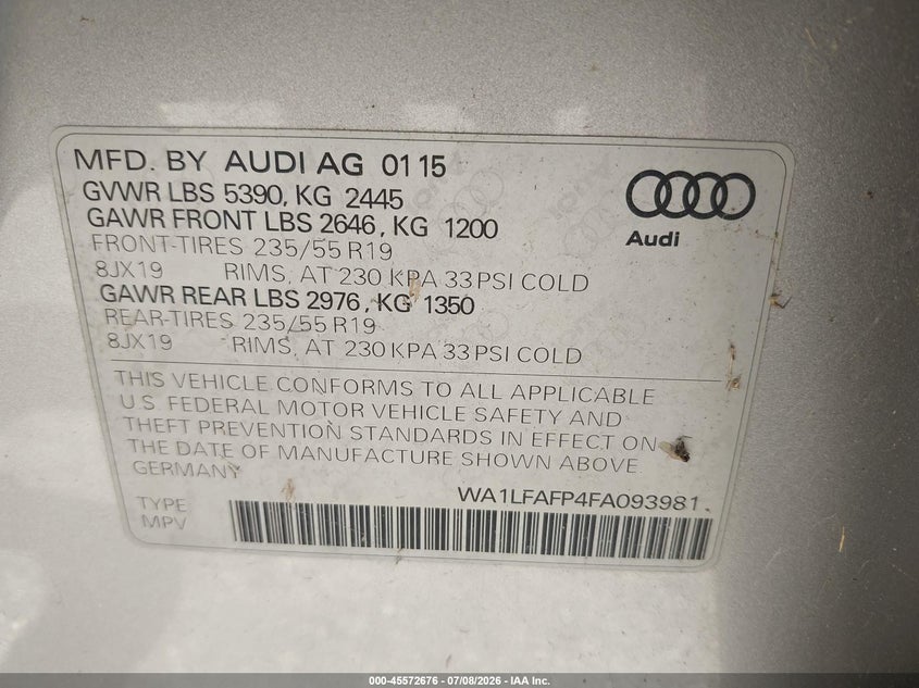 2015 Audi Q5 VIN WA1LFAFP4FA093981 IAAI salvage auction — NORMAL WEAR, Clear (Alabama), sold $675 on 2026-07-29 (photo 9)