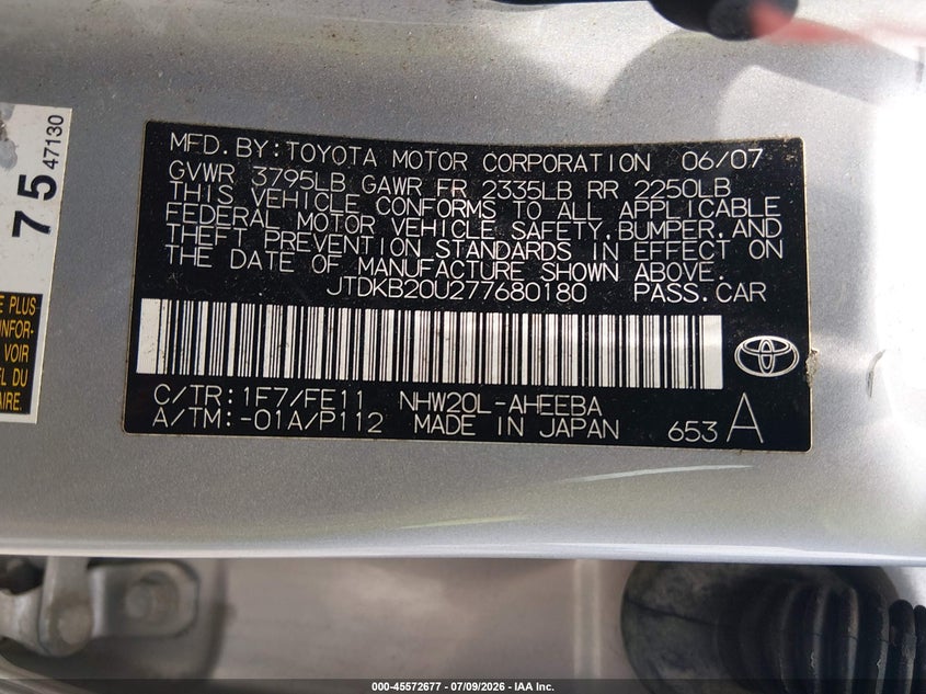 2007 Toyota Prius VIN JTDKB20U277680180 IAAI salvage auction — NORMAL WEAR, Original (Kentucky), sold $325 on 2026-07-29 (photo 8)