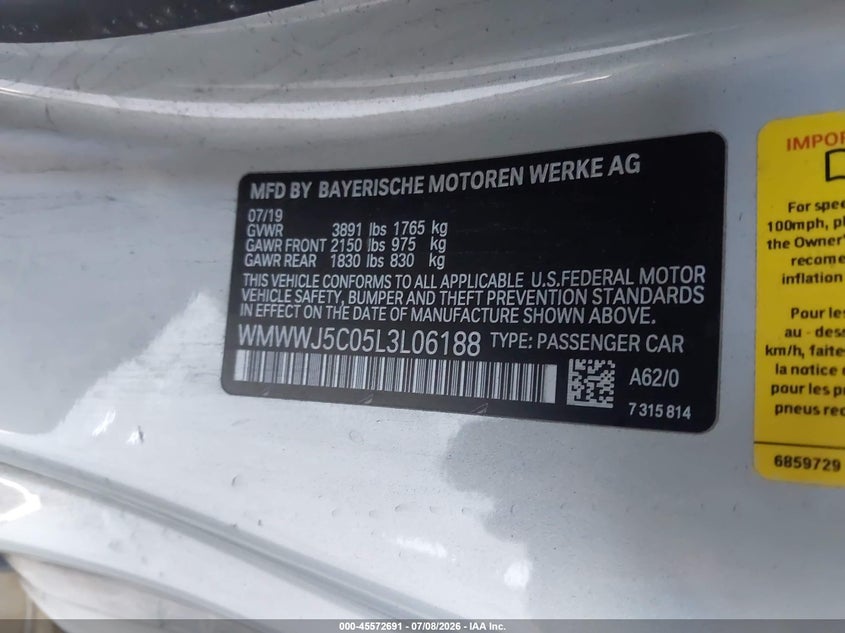 2020 Mini Convertible VIN WMWWJ5C05L3L06188 IAAI salvage auction — FRONT END, Salvage Title, sold $1,750 on 2026-07-29 (photo 9)