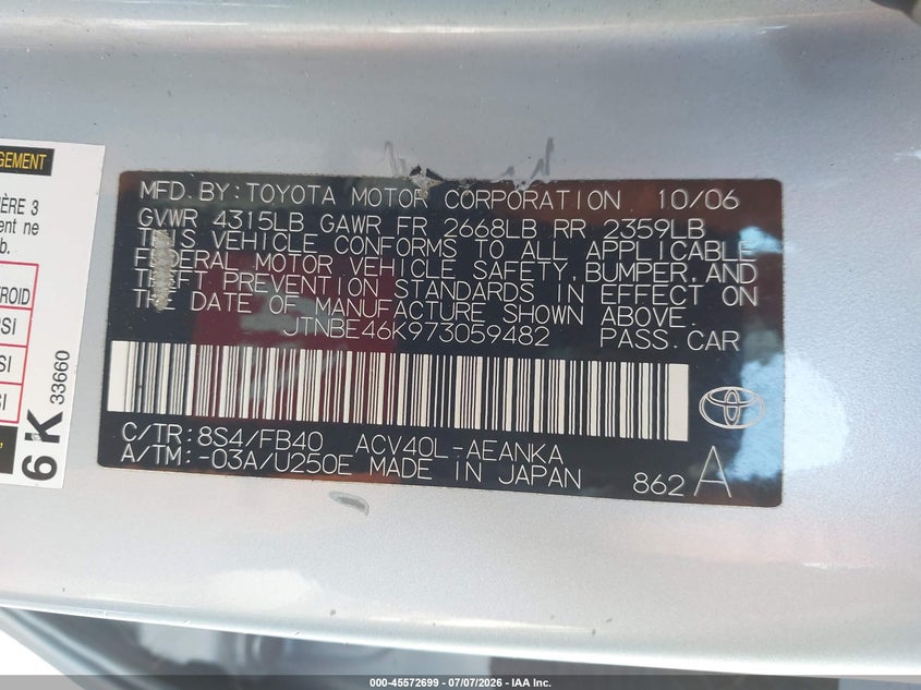 2007 Toyota Camry VIN JTNBE46K973059482 IAAI salvage auction — LEFT REAR, Salvage (California), sold $600 on 2026-07-23 (photo 9)