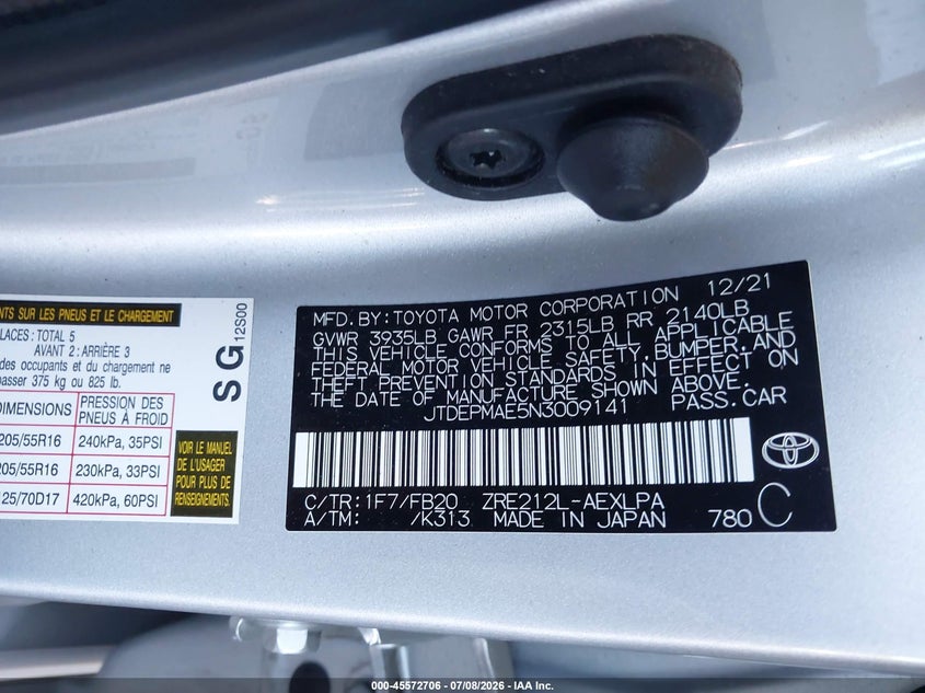 2022 Toyota Corolla VIN JTDEPMAE5N3009141 IAAI salvage auction — REAR END, Mv-907A (New York), sold $5,500 on 2026-07-19 (photo 9)