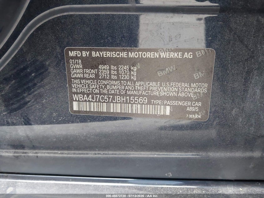 2018 BMW 4er VIN WBA4J7C57JBH15569 IAAI salvage auction — SIDE, Wait Title, sold $4,400 on 2026-07-31 (photo 9)