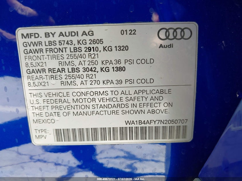 2022 Audi Sq5 VIN WA1B4AFY7N2050707 IAAI salvage auction — FRONT & REAR, Salvage Title, sold $16,000 on 2026-07-29 (photo 9)