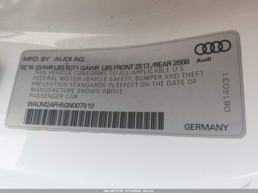 2016 Audi A5 VIN WAUM2AFH5GN007910 IAAI salvage auction — FRONT END, Salvage Title, sold $2,100 on 2026-07-28 (photo 9)