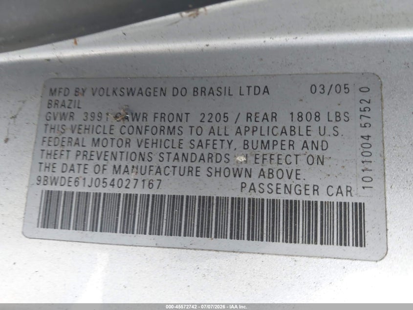 2005 Volkswagen Gti VIN 9BWDE61J054027167 IAAI salvage auction — NORMAL WEAR, Clear - Dealer Only (California), sold $1,350 on 2026-07-30 (photo 9)