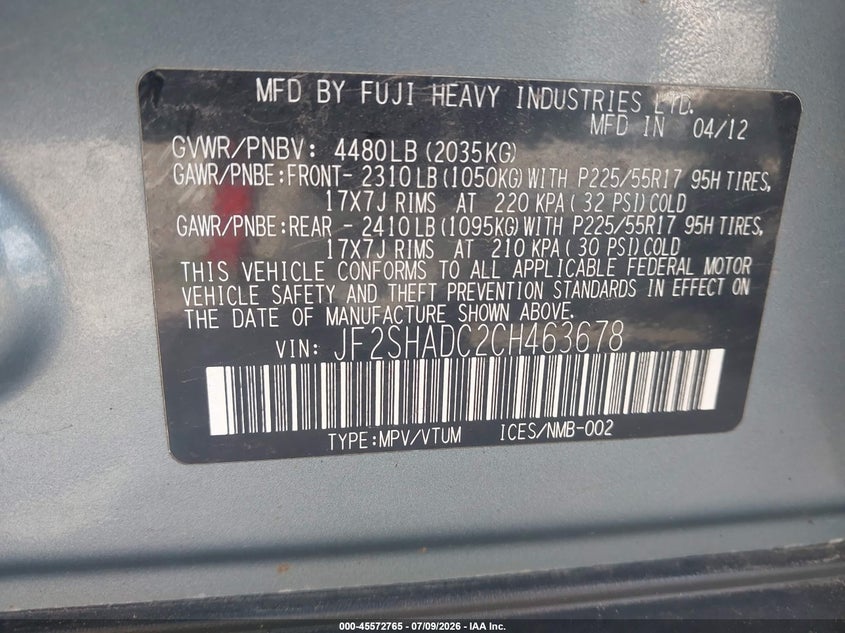 2012 Subaru Forester VIN JF2SHADC2CH463678 IAAI salvage auction — NORMAL WEAR, Clear-Endorsement (Wisconsin), sold $525 on 2026-07-30 (photo 9)