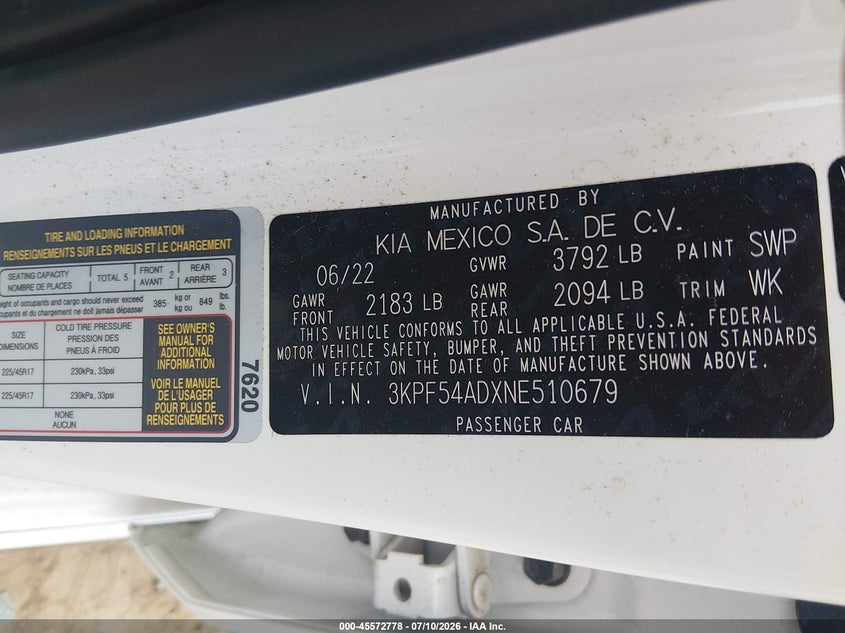 2022 Kia Forte VIN 3KPF54ADXNE510679 IAAI salvage auction — ROOF, Clear (Tennessee), sold $7,200 on 2026-08-27 (photo 9)
