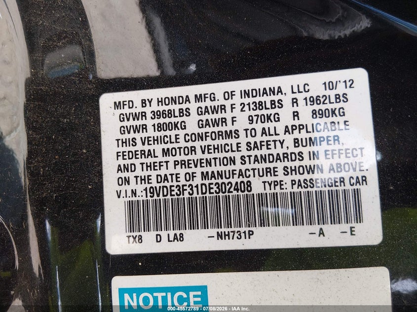 2013 Acura Ilx VIN 19VDE3F31DE302408 IAAI salvage auction — NORMAL WEAR, Original (Texas), sold $775 on 2026-07-17 (photo 9)