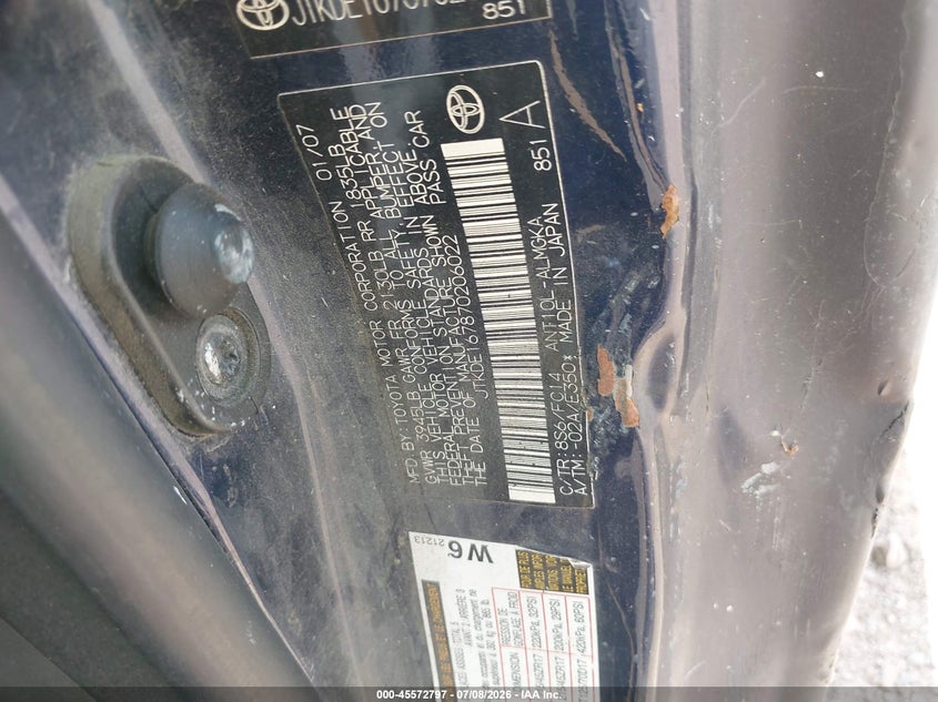 2007 Scion Tc VIN JTKDE167870206022 IAAI salvage auction — NORMAL WEAR, Original (Texas), sold $150 on 2026-07-15 (photo 9)