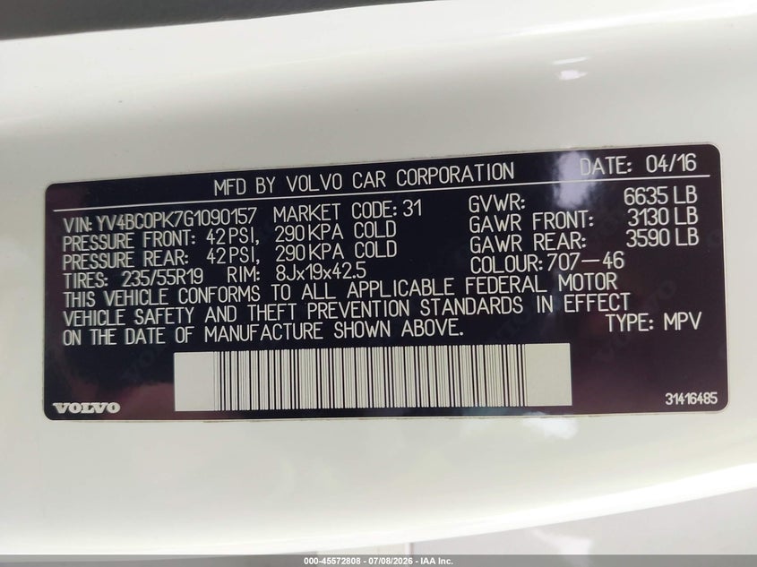 2016 Volvo Xc90 VIN YV4BC0PK7G1090157 IAAI salvage auction — SIDE, Bill Of Sale (Washington), sold $8,100 on 2026-08-01 (photo 9)