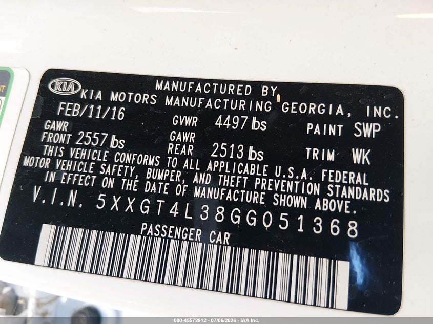 2016 Kia Optima VIN 5XXGT4L38GG051368 IAAI salvage auction — NORMAL WEAR, Salvage Title, sold $1,575 on 2026-07-17 (photo 9)