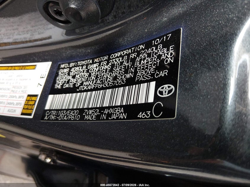 2017 Toyota Prius VIN JTDKARFP6H3057053 IAAI salvage auction — LEFT FRONT, Salvage (California), sold $25 on 2026-07-30 (photo 9)