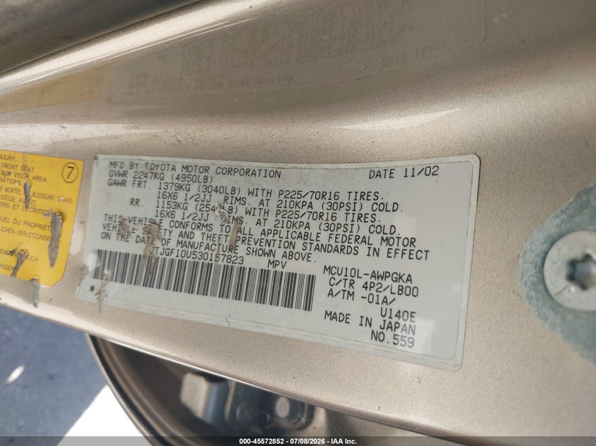 2003 Lexus Rx 300 VIN JTJGF10U530157823 IAAI salvage auction — NORMAL WEAR, Original (Texas), sold $475 on 2026-07-29 (photo 9)