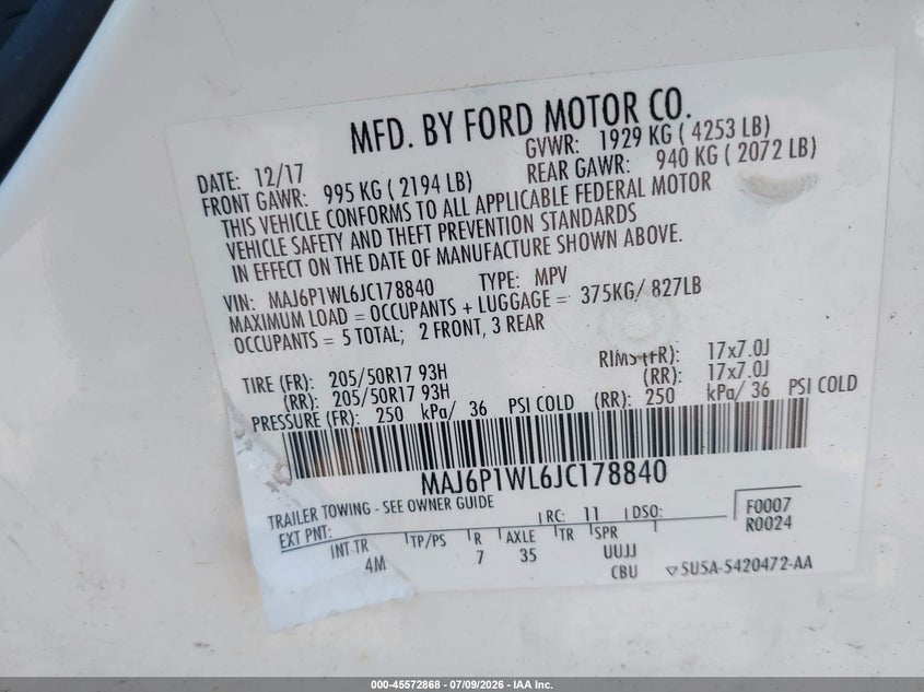2018 Ford Ecosport VIN MAJ6P1WL6JC178840 IAAI salvage auction — NORMAL WEAR, Clear (Massachusetts), sold $1,750 on 2026-07-16 (photo 9)