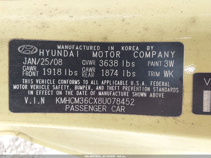 2008 Hyundai Accent VIN KMHCM36CX8U078452 IAAI salvage auction — NORMAL WEAR, Clear (Pennsylvania), sold $25 on 2026-07-21 (photo 9)