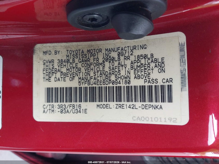 2013 Toyota Corolla VIN 5YFBU4EE6DP094180 IAAI salvage auction — NORMAL WEAR, Clear (Florida), sold $675 on 2026-07-28 (photo 9)