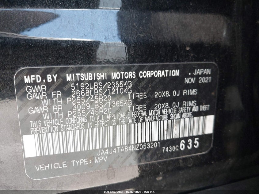 2022 Mitsubishi Outlander VIN JA4J4TA84NZ053201 IAAI salvage auction — FRONT END, Salvage (California), sold $7,200 on 2026-08-03 (photo 9)