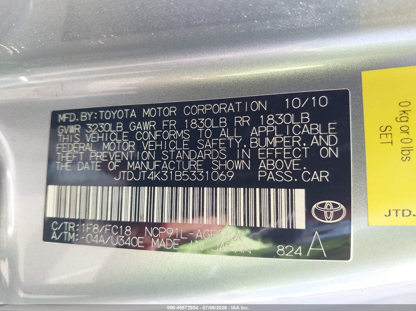 2011 Toyota Yaris VIN JTDJT4K31B5331069 IAAI salvage auction — NORMAL WEAR, Clear (Hawaii), sold $100 on 2026-07-21 (photo 9)