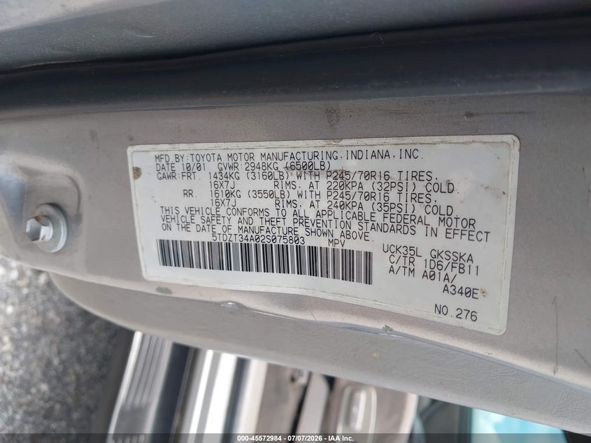 2002 Toyota Sequoia VIN 5TDZT34A02S075803 IAAI salvage auction — NORMAL WEAR, Clear (Florida), sold $675 on 2026-07-29 (photo 9)