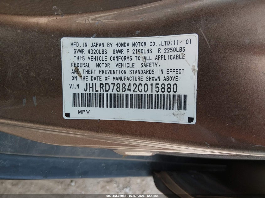 2002 Honda Cr-v VIN JHLRD78842C015880 IAAI salvage auction — NORMAL WEAR, Clear (Indiana), sold $375 on 2026-07-29 (photo 9)
