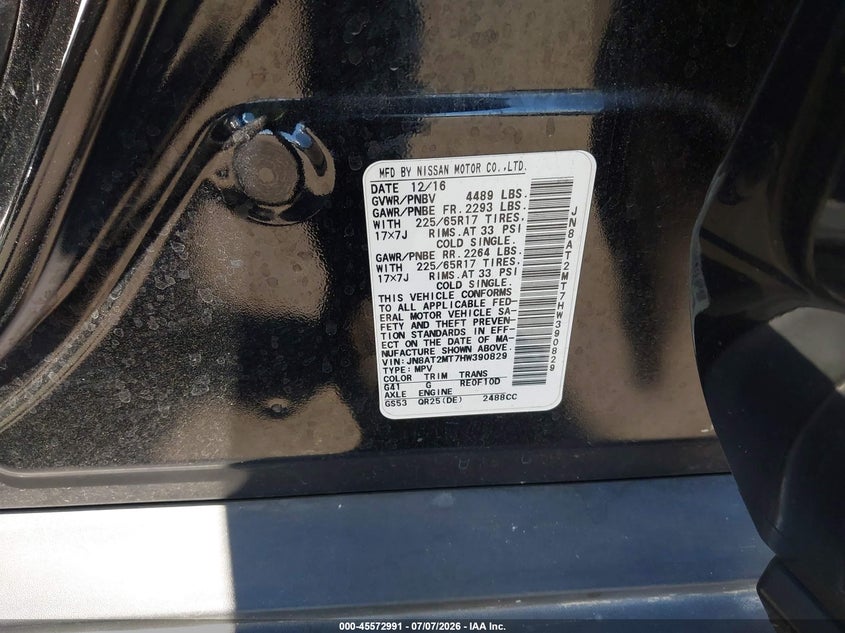 2017 Nissan Rogue VIN JN8AT2MT7HW390829 IAAI salvage auction — RIGHT FRONT, Salvage Title, sold $850 on 2026-07-31 (photo 9)