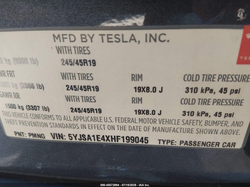 2017 Tesla Model s VIN 5YJSA1E4XHF199045 IAAI salvage auction — RIGHT SIDE, Salvage (Michigan), sold $9,400 on 2026-09-03 (photo 9)