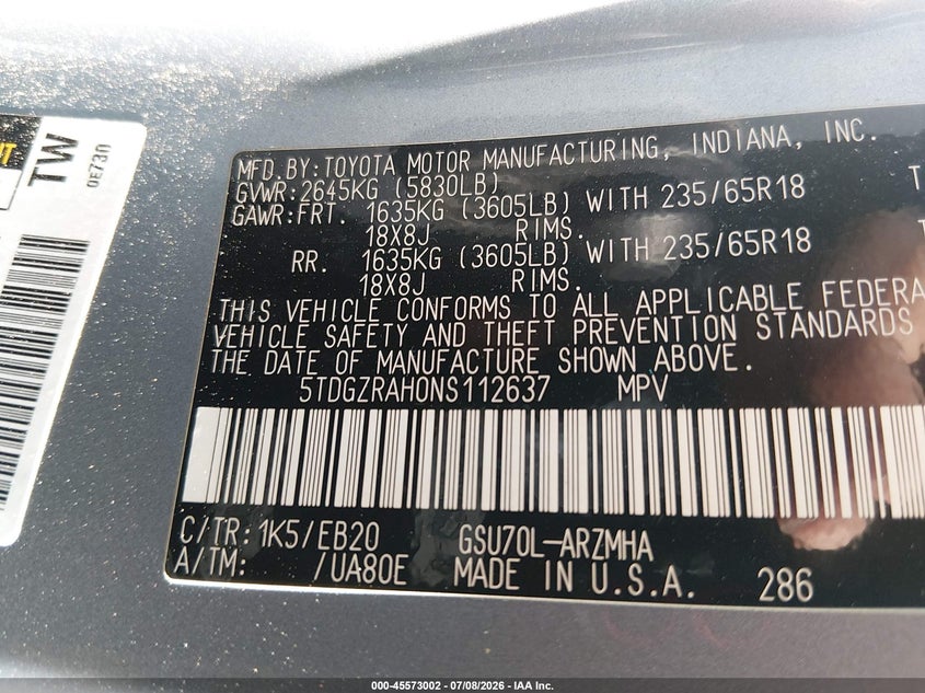 2022 Toyota Highlander VIN 5TDGZRAH0NS112637 IAAI salvage auction — FRONT END, Salvage Title, sold $9,700 on 2026-08-22 (photo 9)