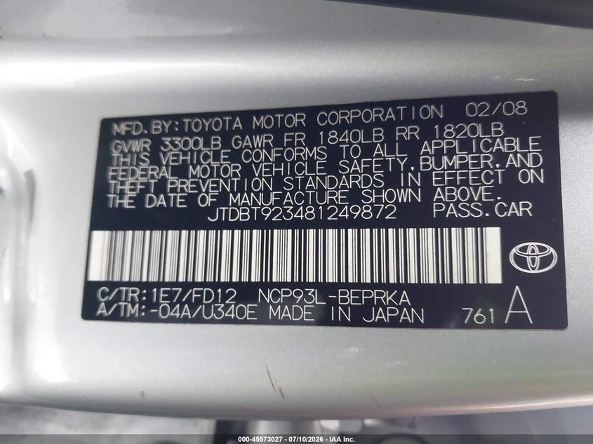 2008 Toyota Yaris VIN JTDBT923481249872 IAAI salvage auction — REAR END, Salvage (California), sold $800 on 2026-07-23 (photo 9)