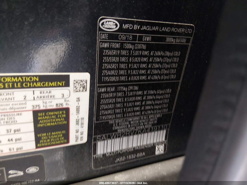 2019 Land rover Range rover sport VIN SALWR2RV7KA419110 IAAI salvage auction — FRONT END, Salvage Title, sold $6,900 on 2026-07-29 (photo 9)