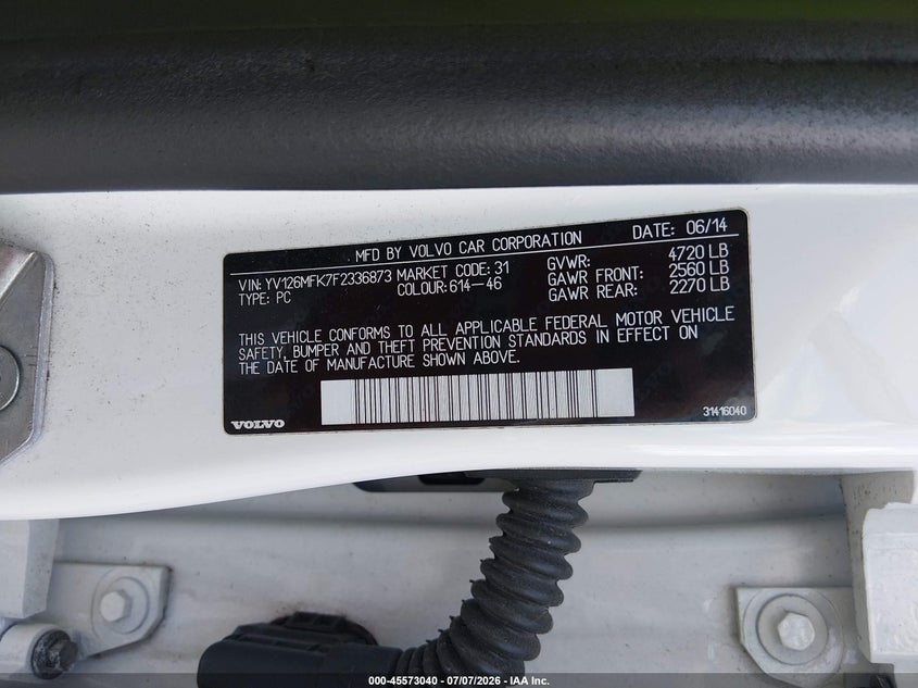2015 Volvo S60 VIN YV126MFK7F2336873 IAAI salvage auction — NORMAL WEAR, Clear (Tennessee), sold $1,350 on 2026-07-30 (photo 9)