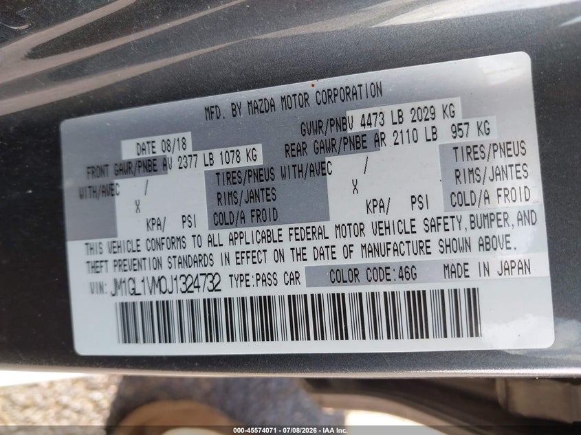 2018 Mazda 6 VIN JM1GL1VM0J1324732 IAAI salvage auction — LEFT FRONT, Salvage (Illinois), sold $2,650 on 2026-09-10 (photo 9)