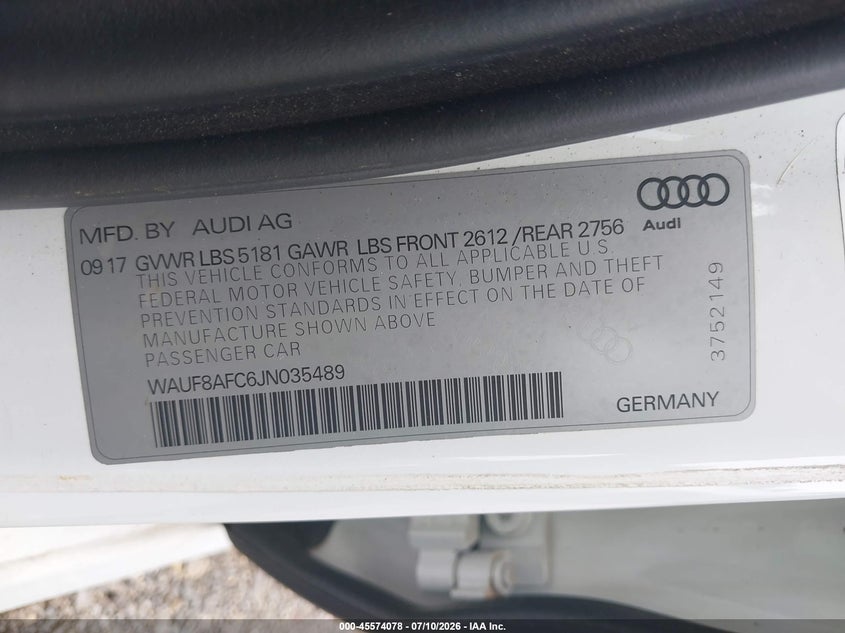 2018 Audi A6 VIN WAUF8AFC6JN035489 IAAI salvage auction — NORMAL WEAR, Clear (Maryland), sold $5,275 on 2026-07-23 (photo 9)