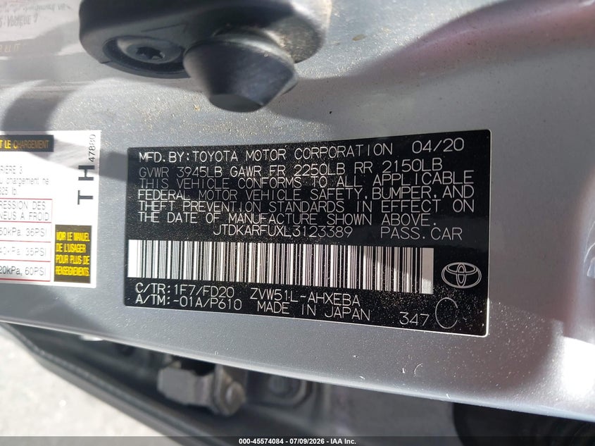 2020 Toyota Prius VIN JTDKARFUXL3123389 IAAI salvage auction — LEFT FRONT, Salvage (California), sold $3,550 on 2026-07-30 (photo 9)