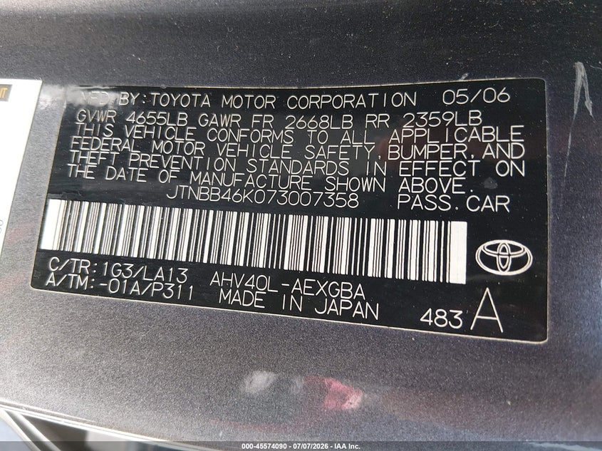 2007 Toyota Camry hybrid VIN JTNBB46K073007358 IAAI salvage auction — NORMAL WEAR, Clear - Dealer Only (California), sold $900 on 2026-07-28 (photo 9)