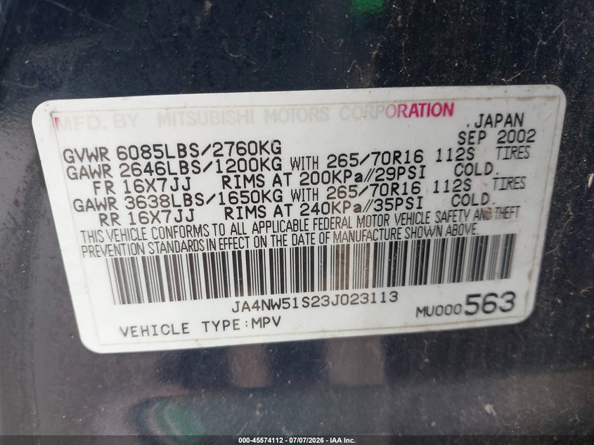 2003 Mitsubishi Montero VIN JA4NW51S23J023113 IAAI salvage auction — NORMAL WEAR, Original (Texas), sold $400 on 2026-07-21 (photo 9)
