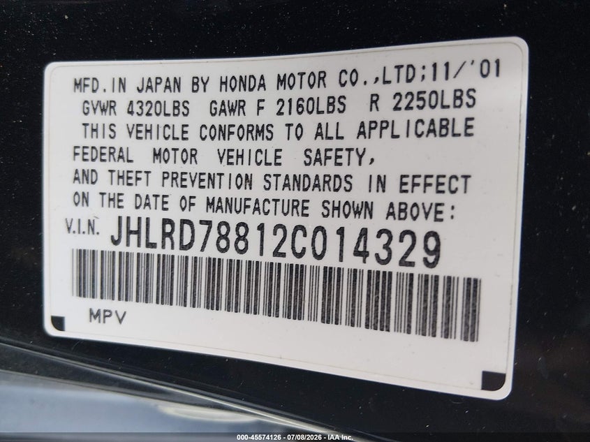 2002 Honda Cr-v VIN JHLRD78812C014329 IAAI salvage auction — NORMAL WEAR, Clear (Missouri), sold $875 on 2026-07-28 (photo 9)