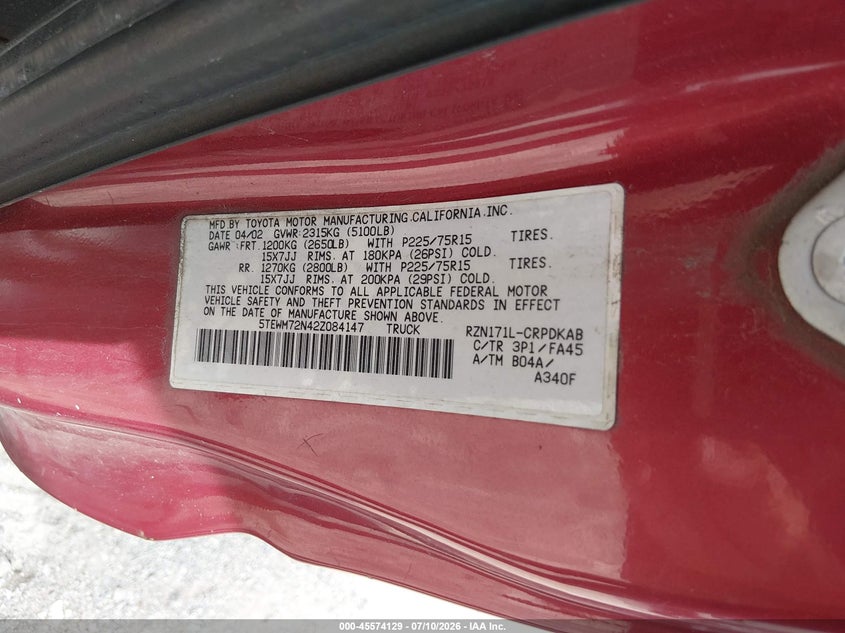 2002 Toyota Tacoma VIN 5TEWM72N42Z084147 IAAI salvage auction — NORMAL WEAR, Clear (Illinois), sold $450 on 2026-07-21 (photo 9)