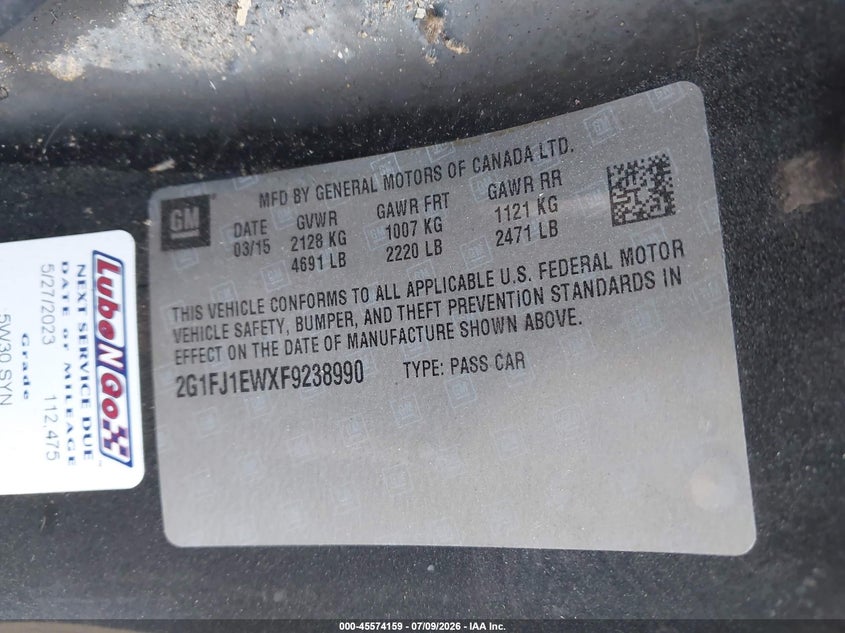 2015 Chevrolet Camaro VIN 2G1FJ1EWXF9238990 IAAI salvage auction — ROLLOVER, Salvage Title, sold $1,650 on 2026-08-02 (photo 9)
