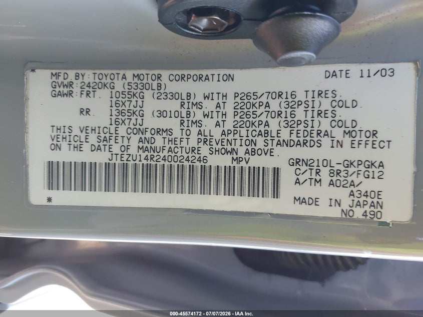 2004 Toyota 4runner VIN JTEZU14R240024246 IAAI salvage auction — NORMAL WEAR, Salvage (California), sold $1,600 on 2026-07-27 (photo 9)