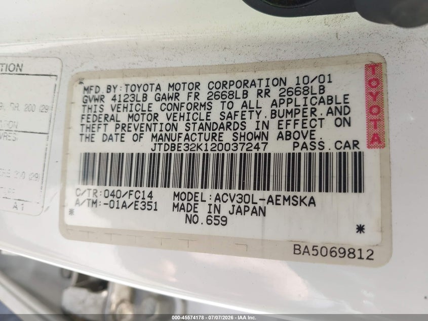 2002 Toyota Camry VIN JTDBE32K120037247 IAAI salvage auction — REAR END, Salvage (California), sold $400 on 2026-07-22 (photo 9)