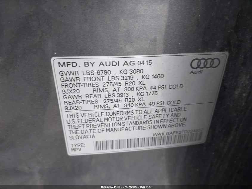2015 Audi Q7 VIN WA1LGAFE2FD024622 IAAI salvage auction — NORMAL WEAR, Clear (Pennsylvania), sold $1,050 on 2026-07-17 (photo 9)